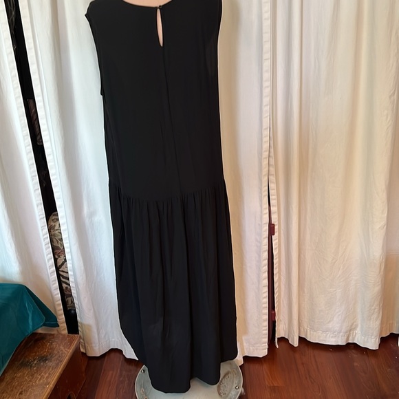 Eileen Fisher Silk georgette Crepe Dropped Waist Tapered Hem Black Dress - Picture 3 of 9